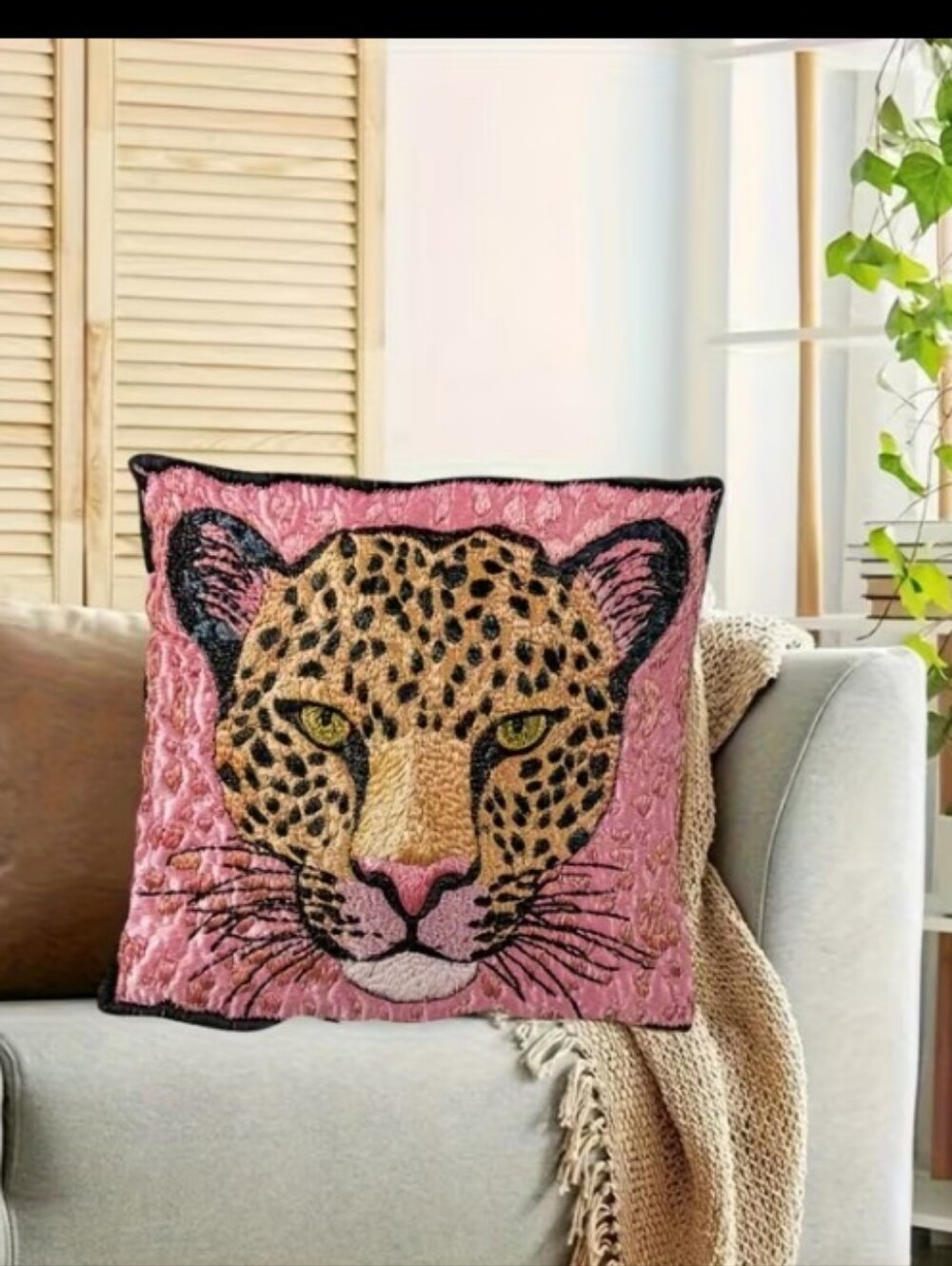Leopard Face Accent Pillow Cover - Pink and Tan